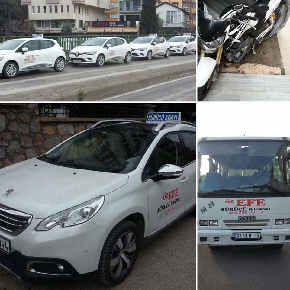ÖZ EFE eğitim araçları: sıra hâlinde beyaz eğitim otomobilleri, motosiklet, Sürücü Adayı tabelalı otomobil ve minibüs